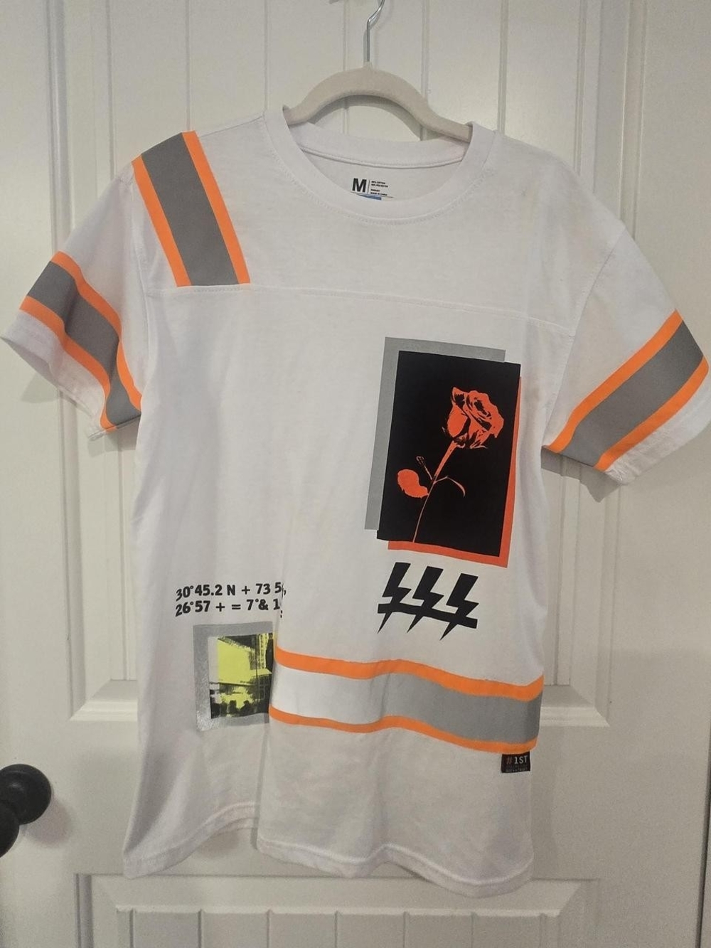 Graphic White T-Shirt with Neon Orange & Gray Accents